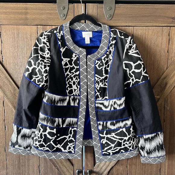 Chico's Artisan Jacquard Blocked Pattern Black/Blue Jacket Size Medium EUC - Picture 1 of 7